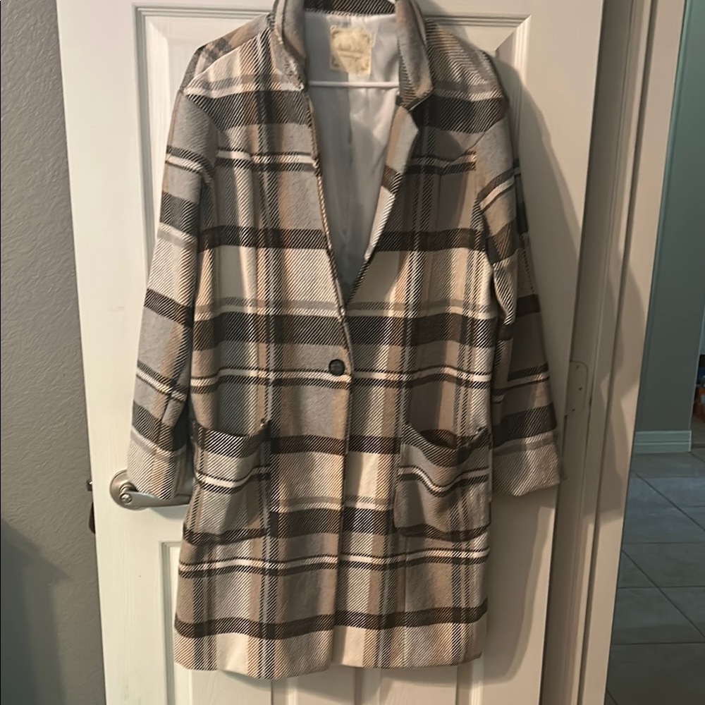 Altar'd State Checkered Trench Coat - Cream and Brown